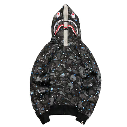 BAPE SPACE CAMO DOUBLE SHARK FULL ZIP HOODIE BLACK